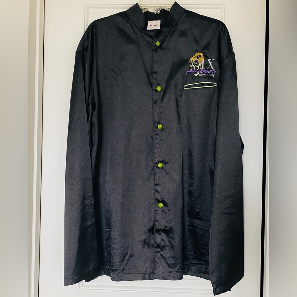 Vintage Jimmy's Naughty Nighty Nite Black Satin Shirt XXL Palms Casino Las Vegas